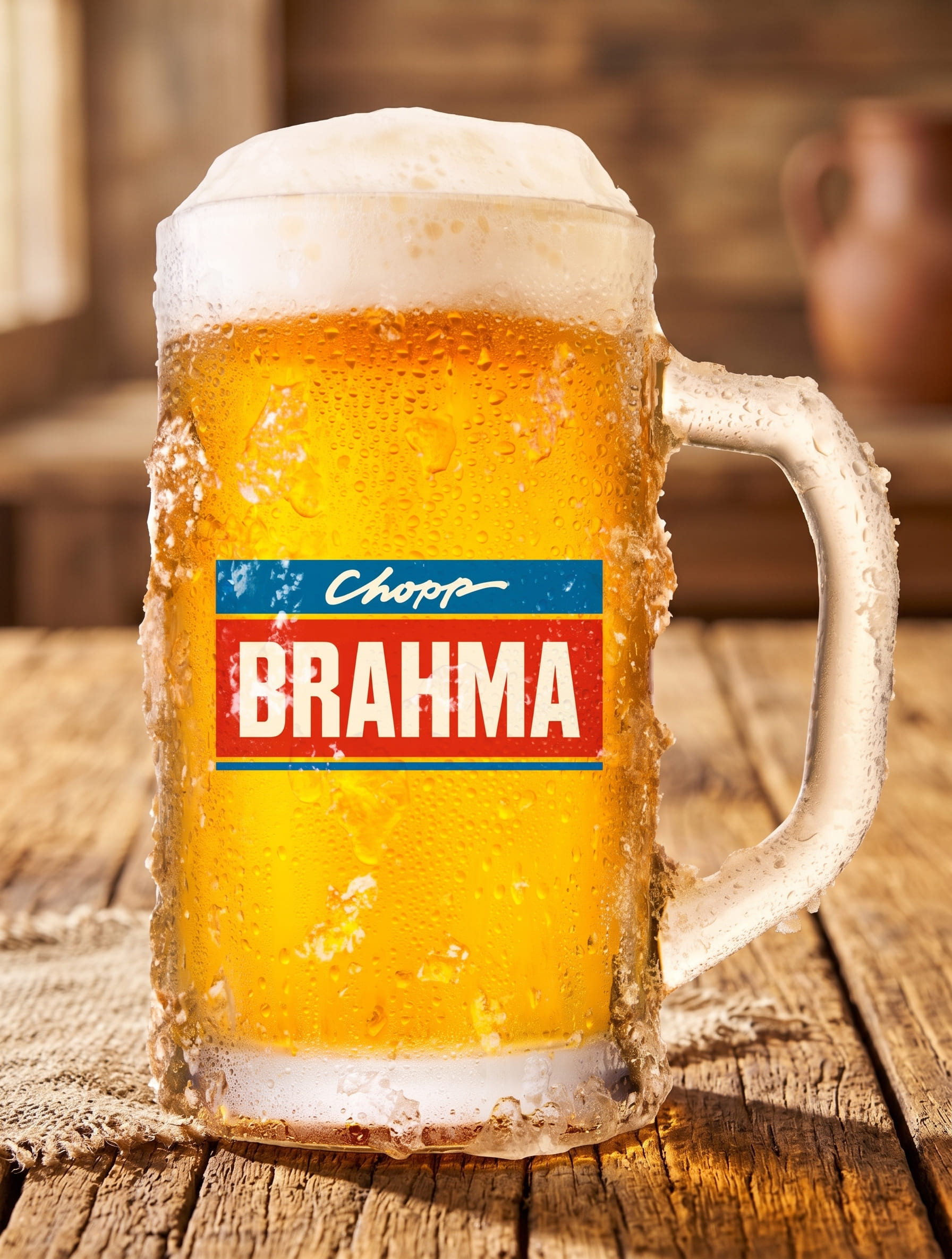 Caneca de chopp Brahma gelada sobre mesa de madeira